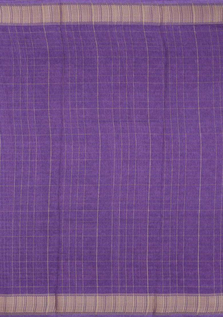 Lilac Printed Synthetic Moss Chiffon Saree With Checks For Women - Indya