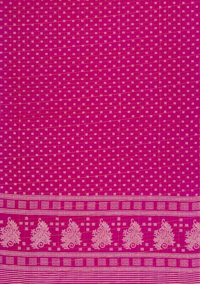 Hot Pink Printed Synthetic Moss Chiffon Saree With Checks For Women - Indya