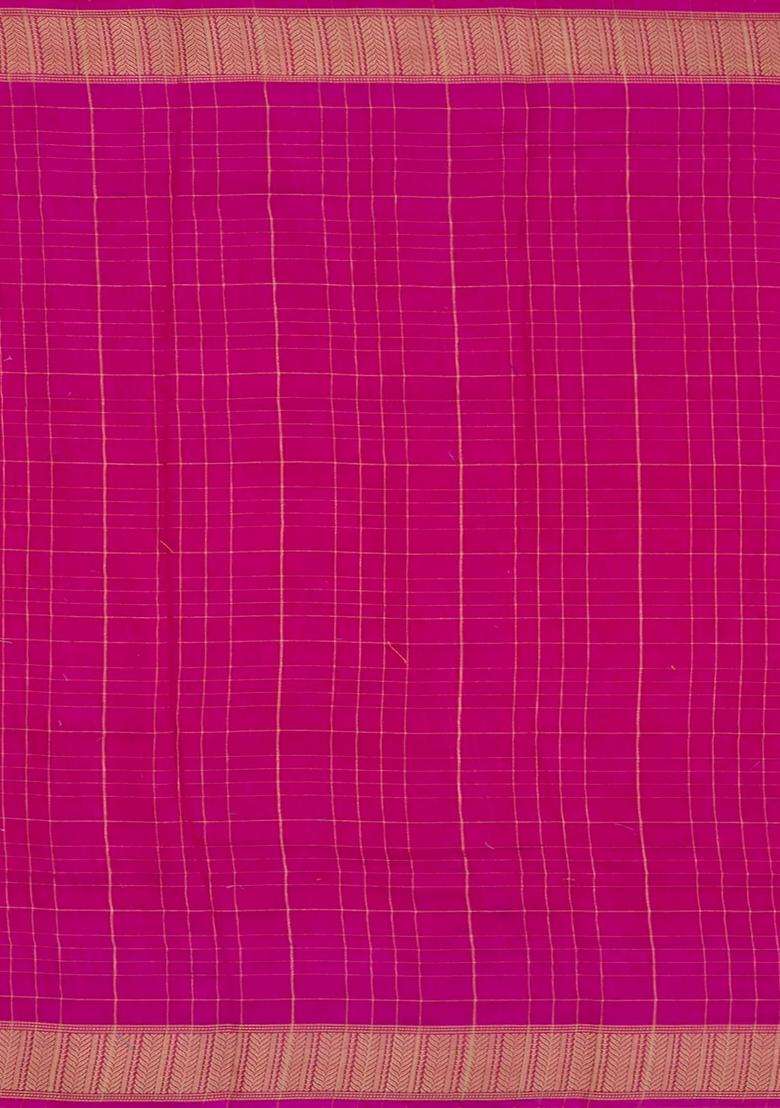 Hot Pink Printed Synthetic Moss Chiffon Saree With Checks For Women - Indya