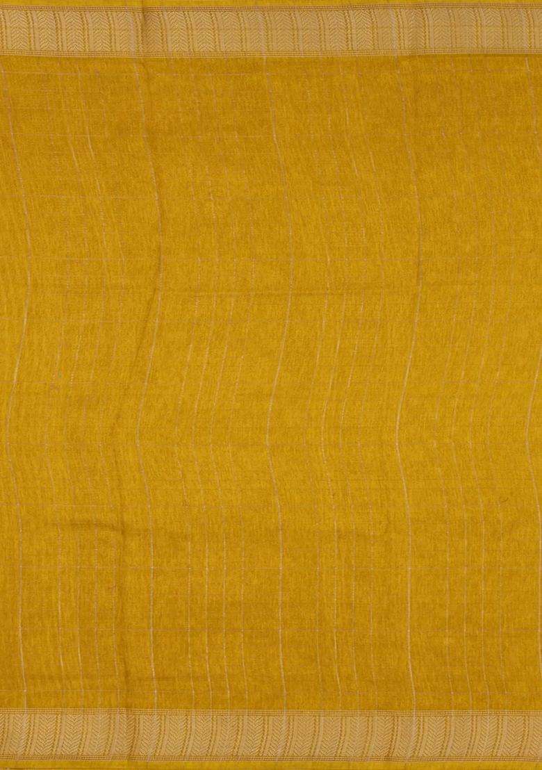 Mustard Printed Synthetic Moss Chiffon Saree With Checks For Women - Indya