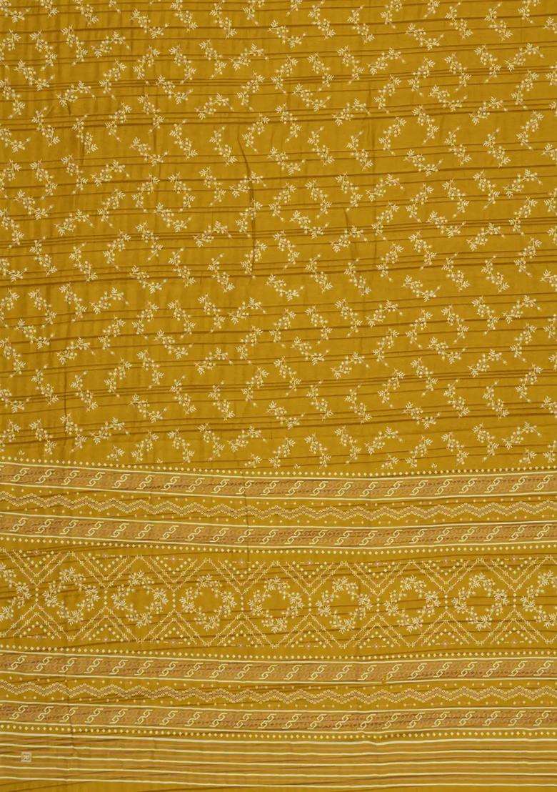 Mustard Printed Art Dola Silk Saree With Zari Border For Women - Indya