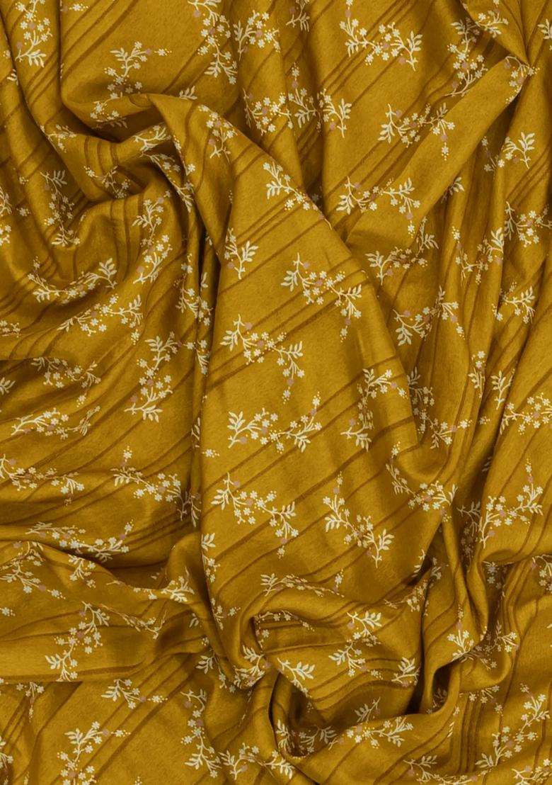 Mustard Printed Art Dola Silk Saree With Zari Border For Women - Indya