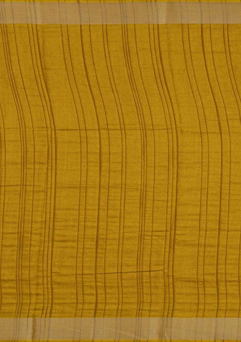 Mustard Printed Art Dola Silk Saree With Zari Border For Women - Indya