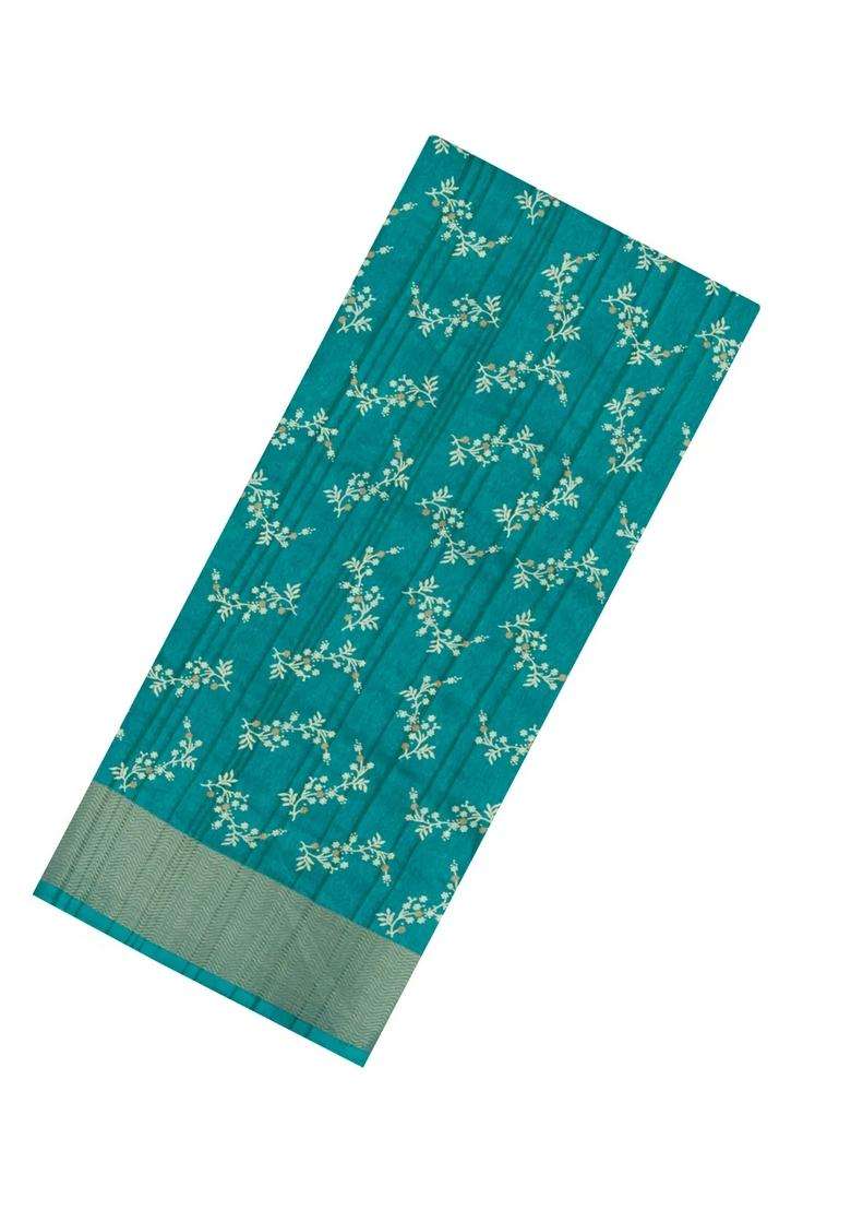 Cyan Printed Art Dola Silk Saree With Zari Border For Women - Indya