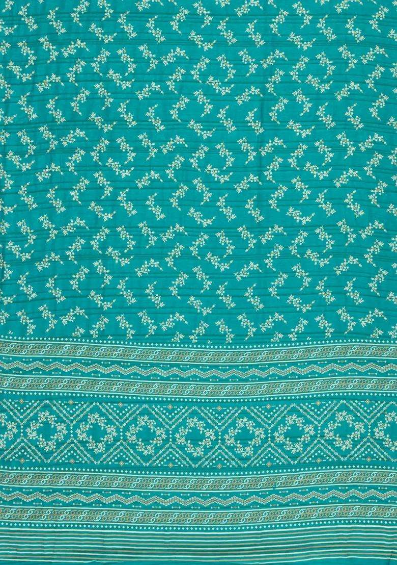 Cyan Printed Art Dola Silk Saree With Zari Border For Women - Indya