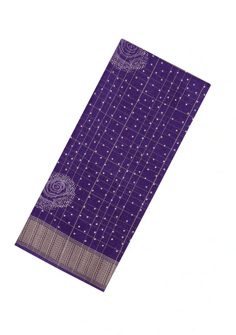 Violet Printed Art Dola Silk Saree With Zari Checks Border For Women - Indya