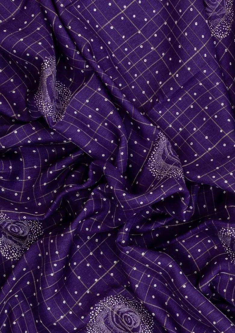 Violet Printed Art Dola Silk Saree With Zari Checks Border For Women - Indya