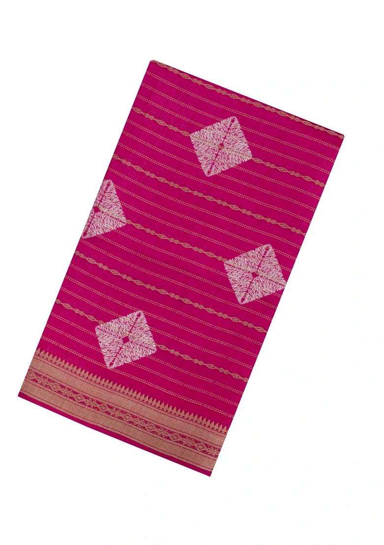 Hot Pink Printed Art Dola Silk Saree With Stripes Floral Motifs For Women - Indya