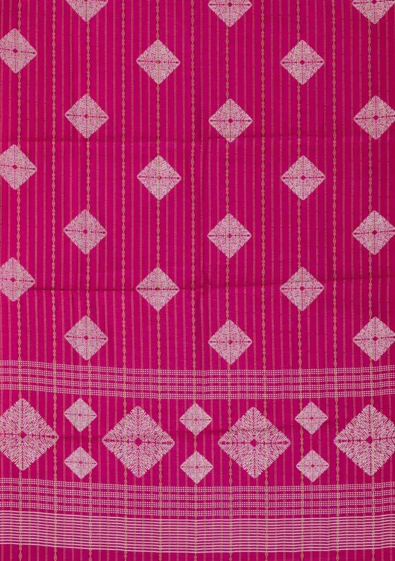 Hot Pink Printed Art Dola Silk Saree With Stripes Floral Motifs For Women - Indya