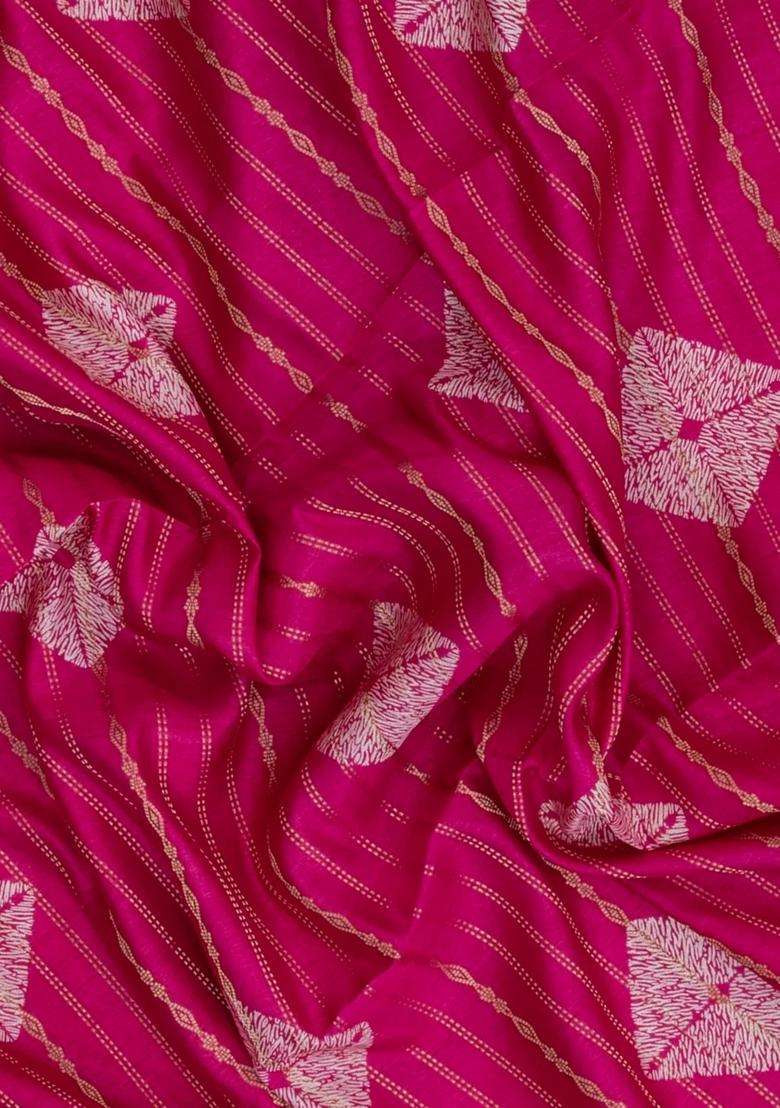 Hot Pink Printed Art Dola Silk Saree With Stripes Floral Motifs For Women - Indya
