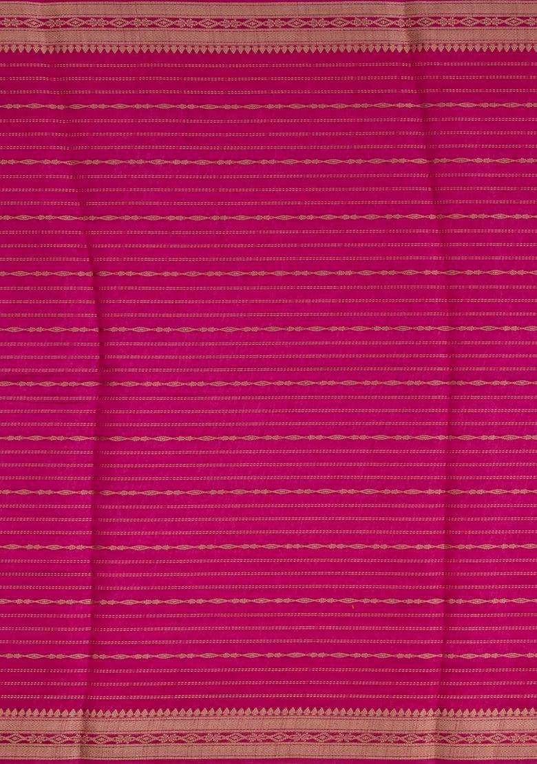 Hot Pink Printed Art Dola Silk Saree With Stripes Floral Motifs For Women - Indya
