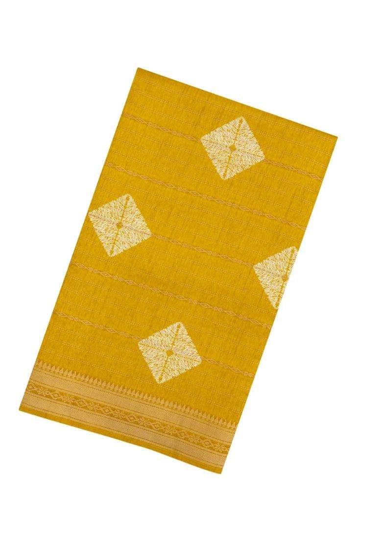 Mustard Printed Art Dola Silk Saree With Stripes Floral Motifs For Women - Indya