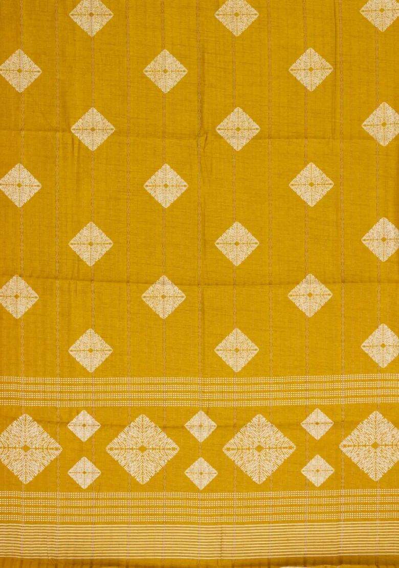 Mustard Printed Art Dola Silk Saree With Stripes Floral Motifs For Women - Indya