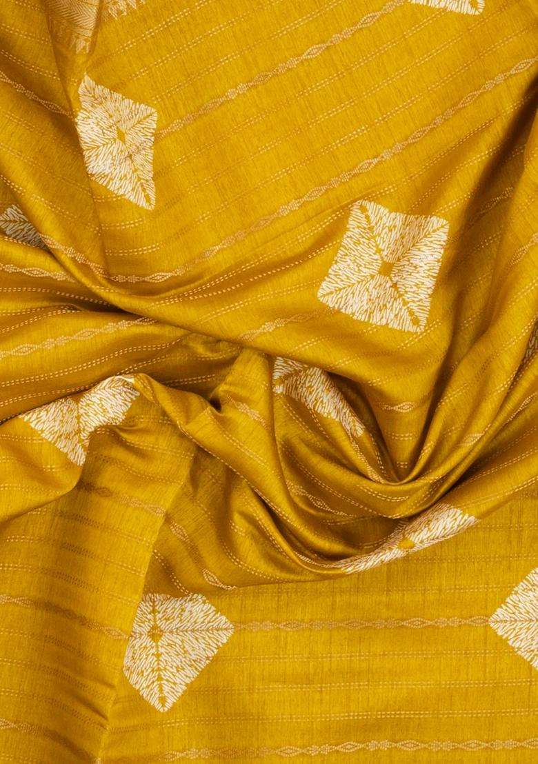 Mustard Printed Art Dola Silk Saree With Stripes Floral Motifs For Women - Indya
