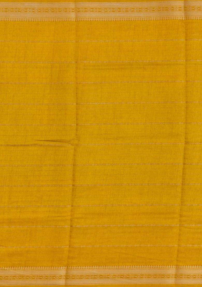 Mustard Printed Art Dola Silk Saree With Stripes Floral Motifs For Women - Indya