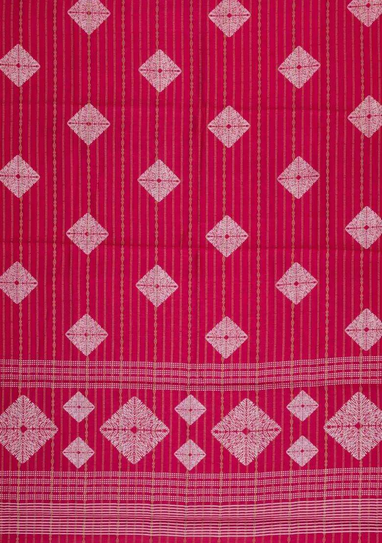 Red Printed Art Dola Silk Saree With Stripes Floral Motifs For Women - Indya