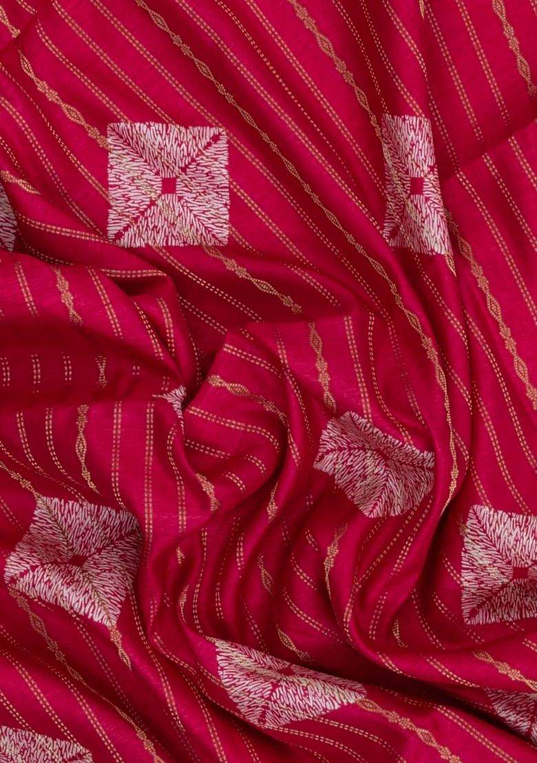 Red Printed Art Dola Silk Saree With Stripes Floral Motifs For Women - Indya