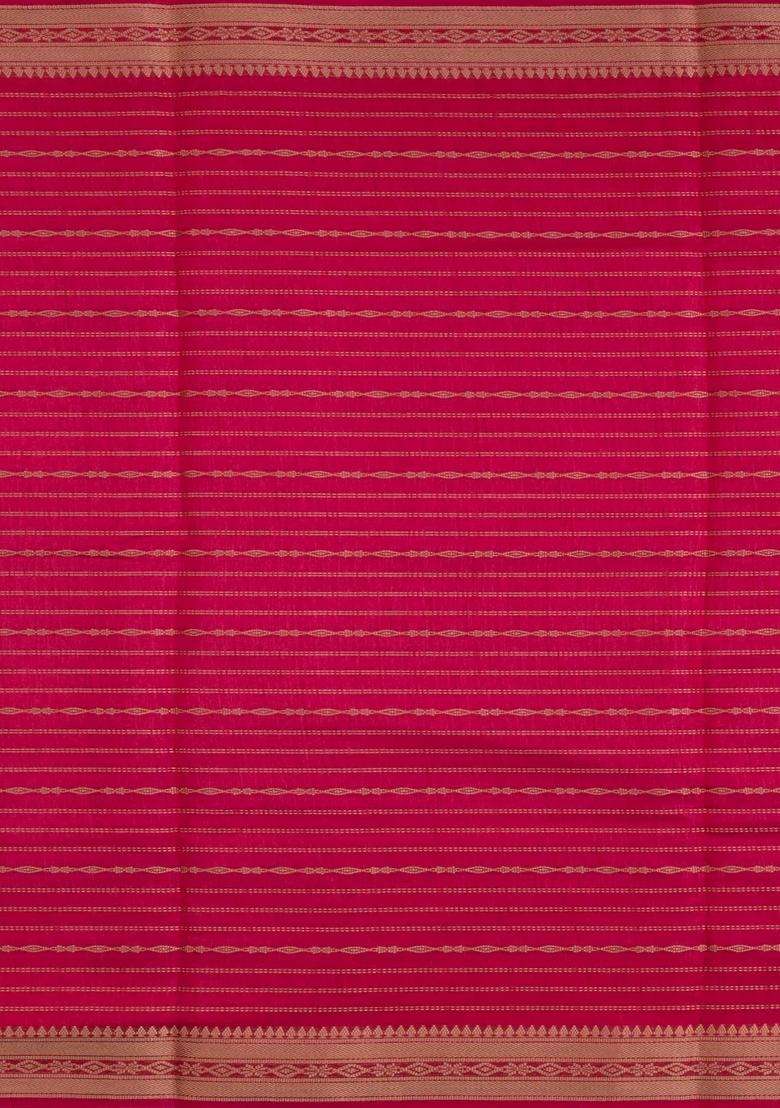 Red Printed Art Dola Silk Saree With Stripes Floral Motifs For Women - Indya