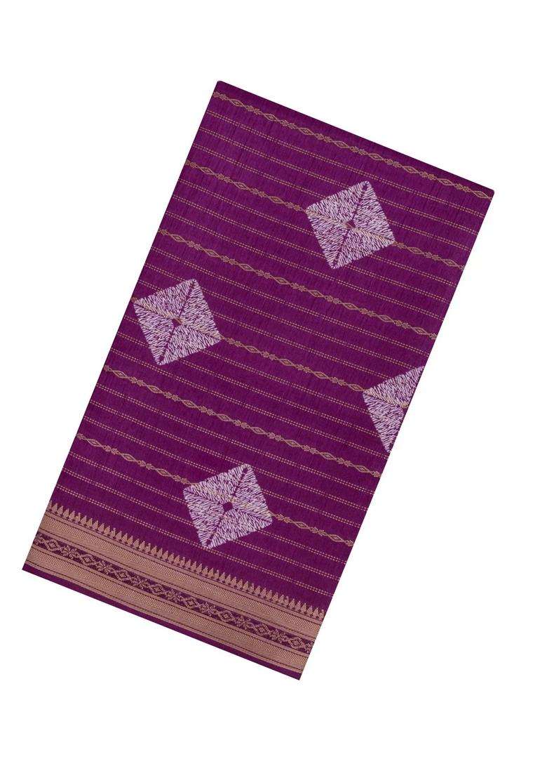 Purple Printed Art Dola Silk Saree With Stripes Floral Motifs For Women - Indya