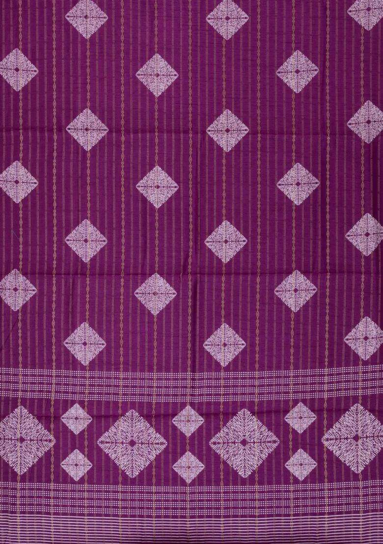 Purple Printed Art Dola Silk Saree With Stripes Floral Motifs For Women - Indya