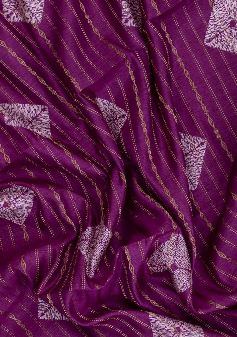 Purple Printed Art Dola Silk Saree With Stripes Floral Motifs For Women - Indya