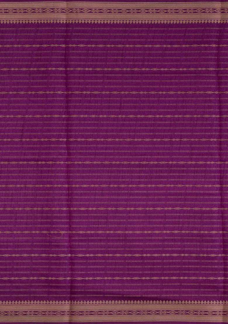 Purple Printed Art Dola Silk Saree With Stripes Floral Motifs For Women - Indya