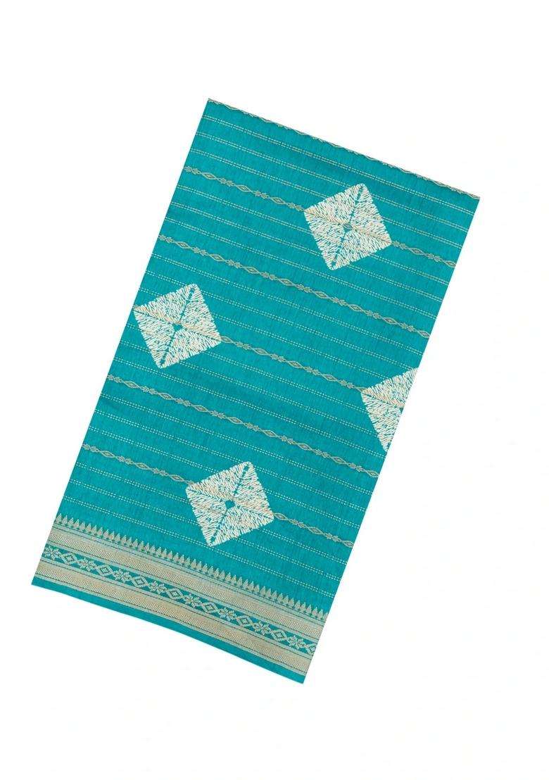 Turquoise Printed Art Dola Silk Saree With Stripes Floral Motifs For Women - Indya