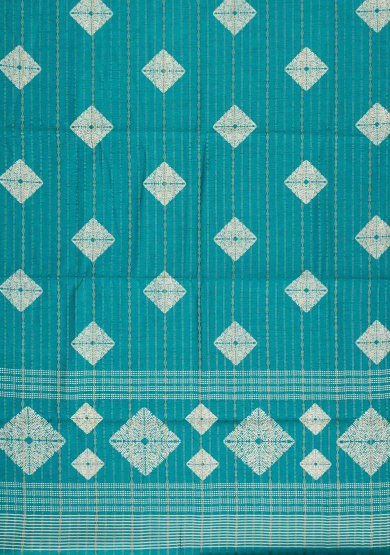 Turquoise Printed Art Dola Silk Saree With Stripes Floral Motifs For Women - Indya