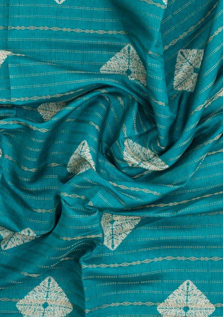 Turquoise Printed Art Dola Silk Saree With Stripes Floral Motifs For Women - Indya