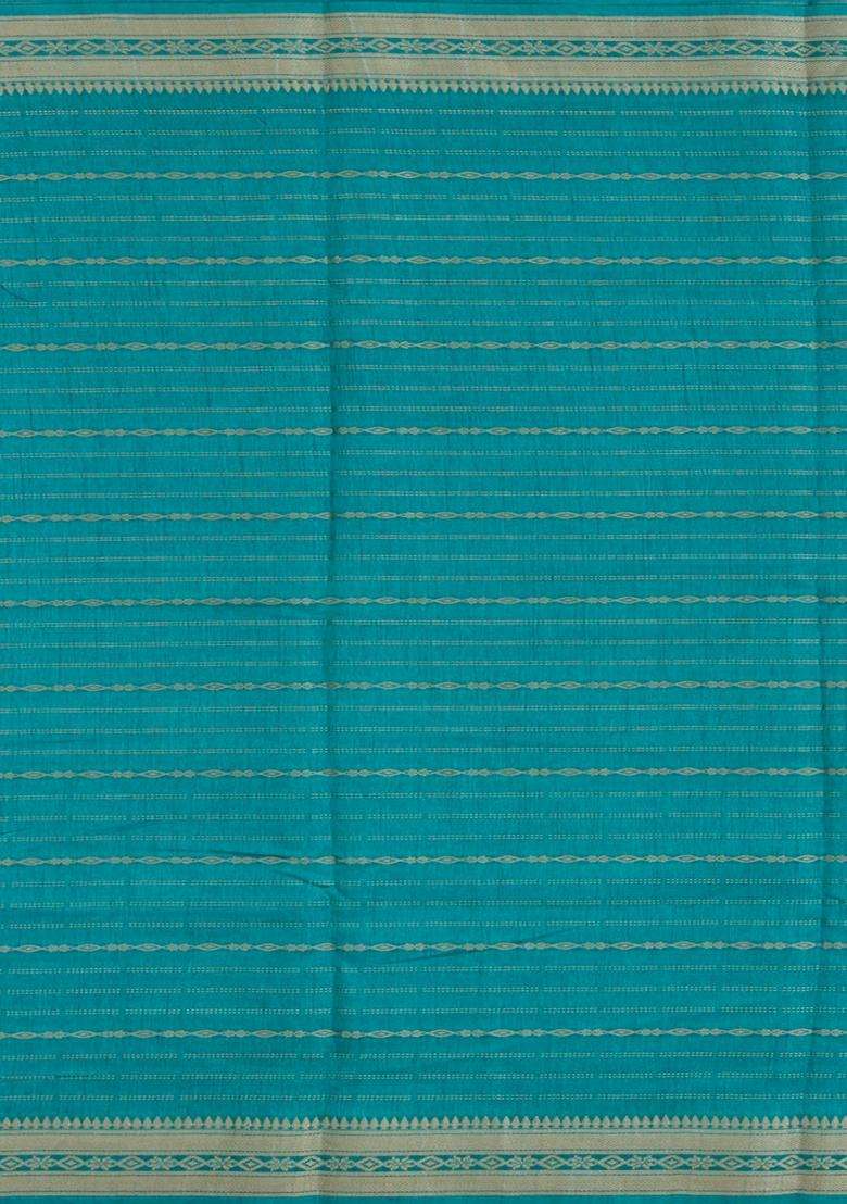 Turquoise Printed Art Dola Silk Saree With Stripes Floral Motifs For Women - Indya