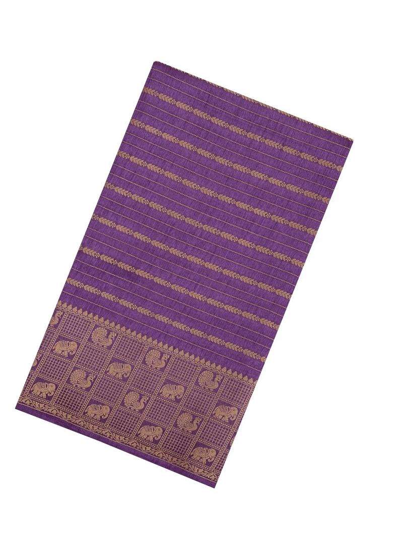 Lilac Printed Art Dola Silk Saree With Stripes Printed Pallu For Women - Indya