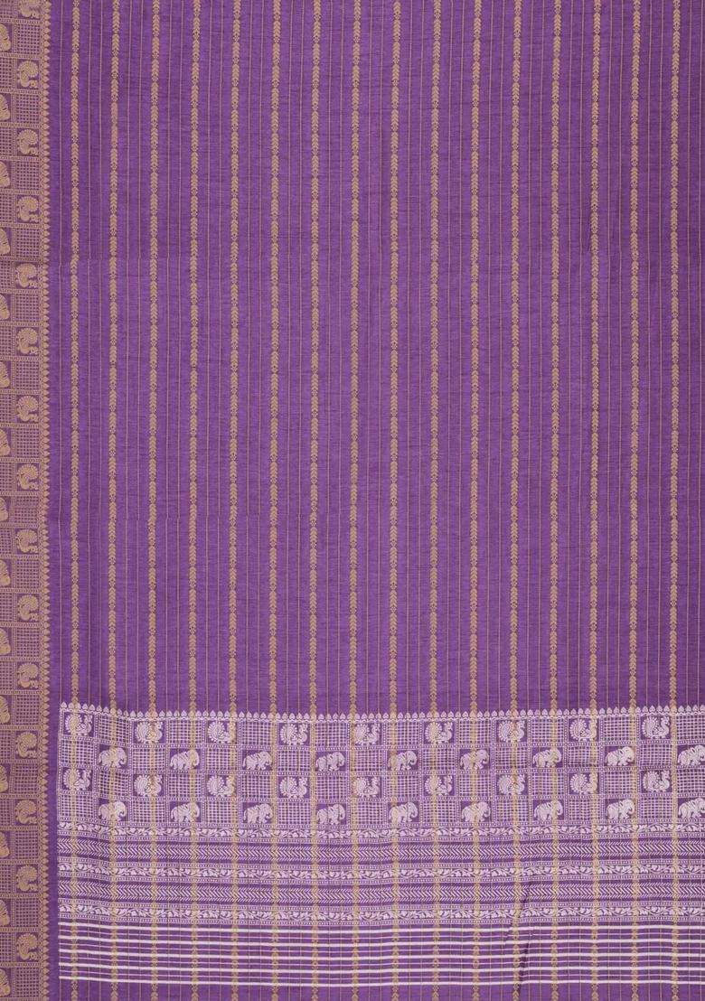 Lilac Printed Art Dola Silk Saree With Stripes Printed Pallu For Women - Indya
