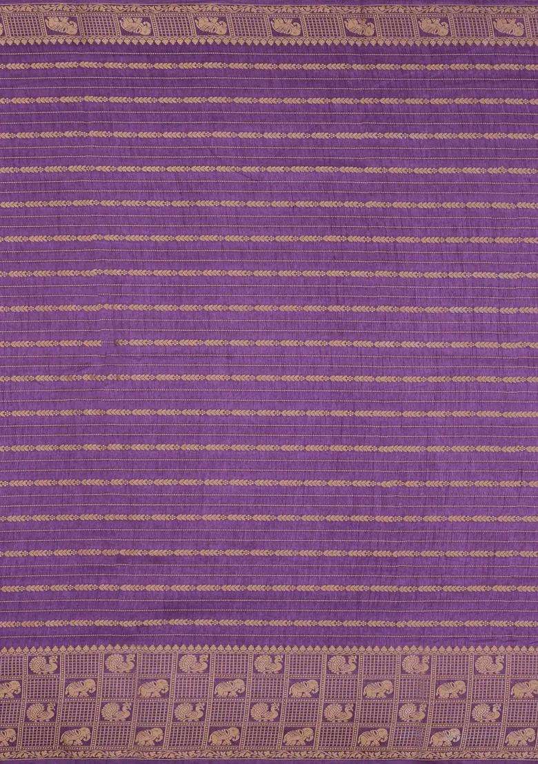 Lilac Printed Art Dola Silk Saree With Stripes Printed Pallu For Women - Indya