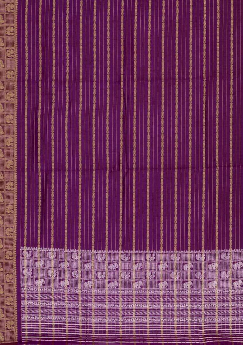Magenta Printed Art Dola Silk Saree With Stripes Printed Pallu For Women - Indya