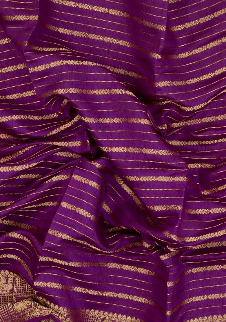 Magenta Printed Art Dola Silk Saree With Stripes Printed Pallu For Women - Indya