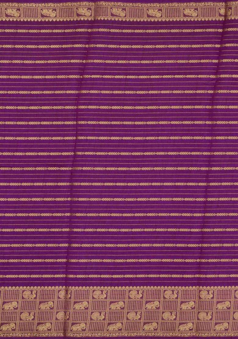 Magenta Printed Art Dola Silk Saree With Stripes Printed Pallu For Women - Indya