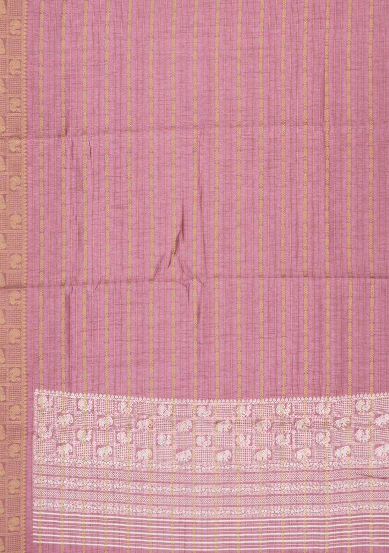 Dusty Pink Printed Art Dola Silk Saree With Stripes Printed Pallu For Women - Indya