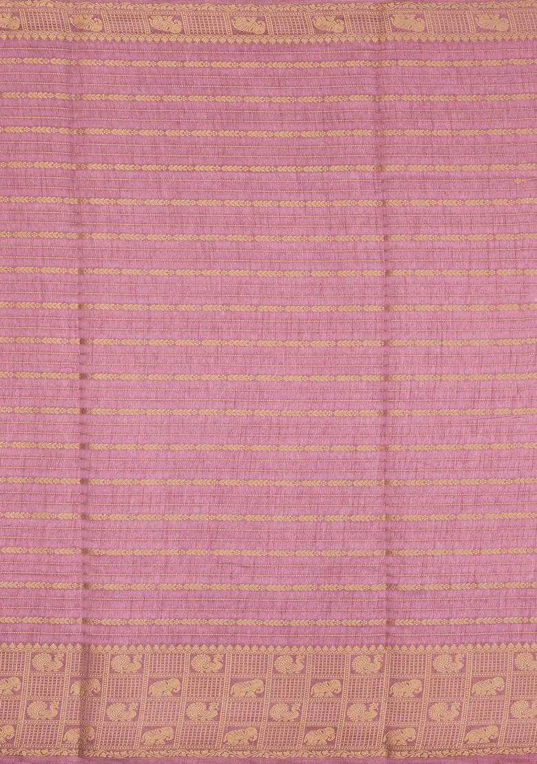Dusty Pink Printed Art Dola Silk Saree With Stripes Printed Pallu For Women - Indya