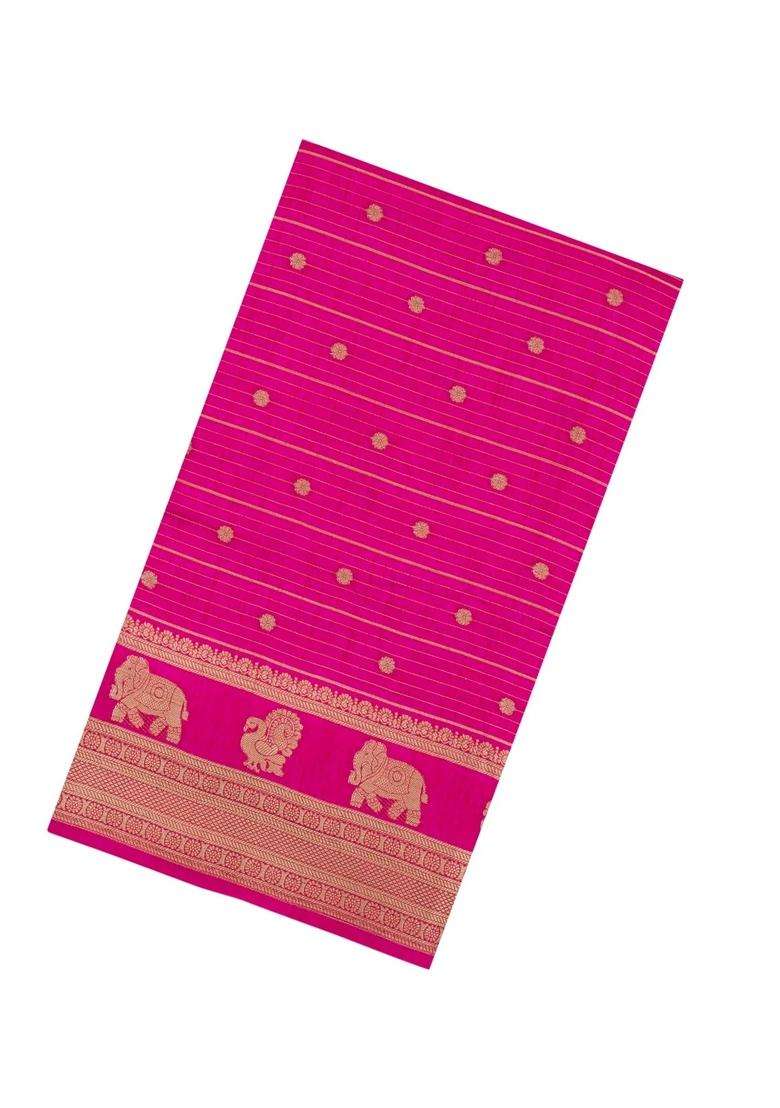 Hot Pink Printed Art Dola Silk Saree With Stripes Printed Pallu For Women - Indya