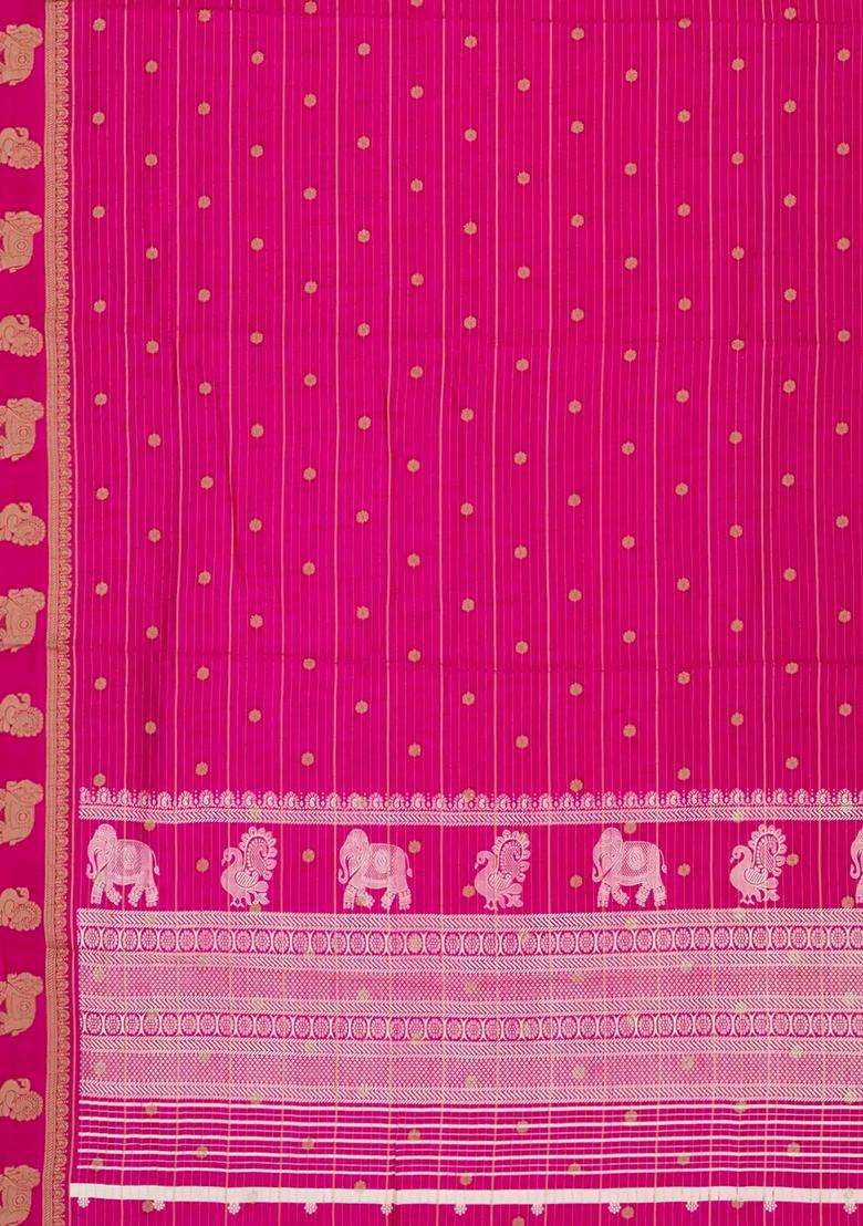 Hot Pink Printed Art Dola Silk Saree With Stripes Printed Pallu For Women - Indya