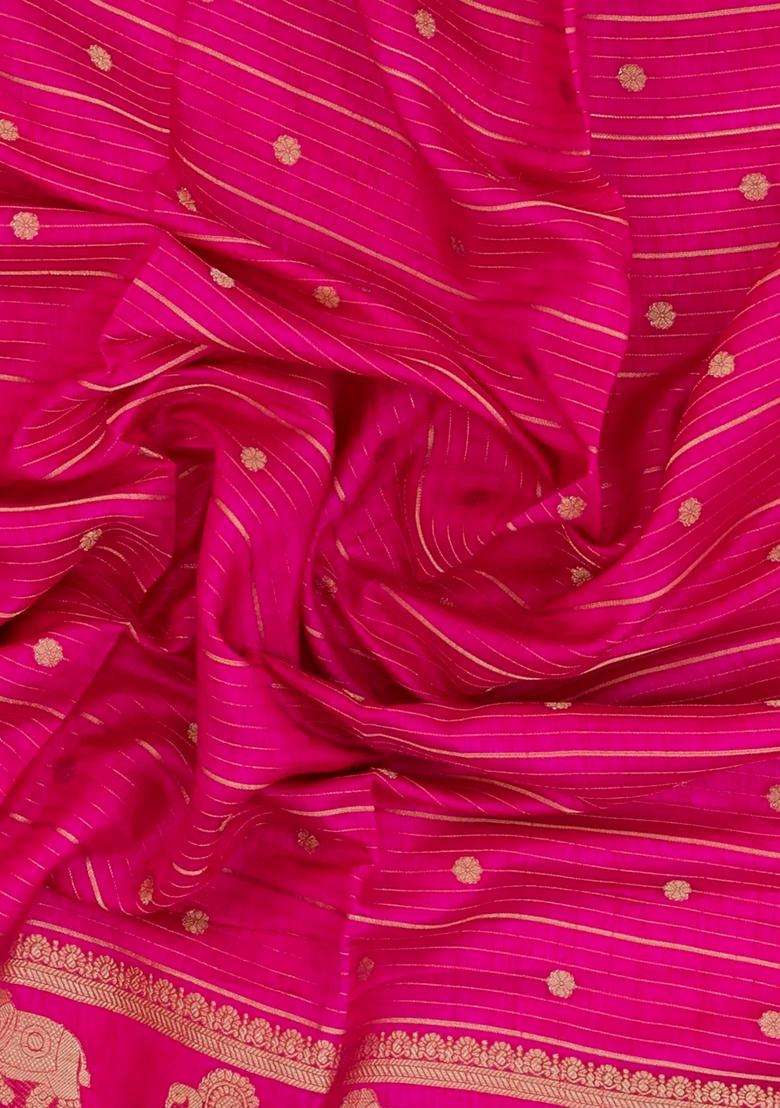 Hot Pink Printed Art Dola Silk Saree With Stripes Printed Pallu For Women - Indya