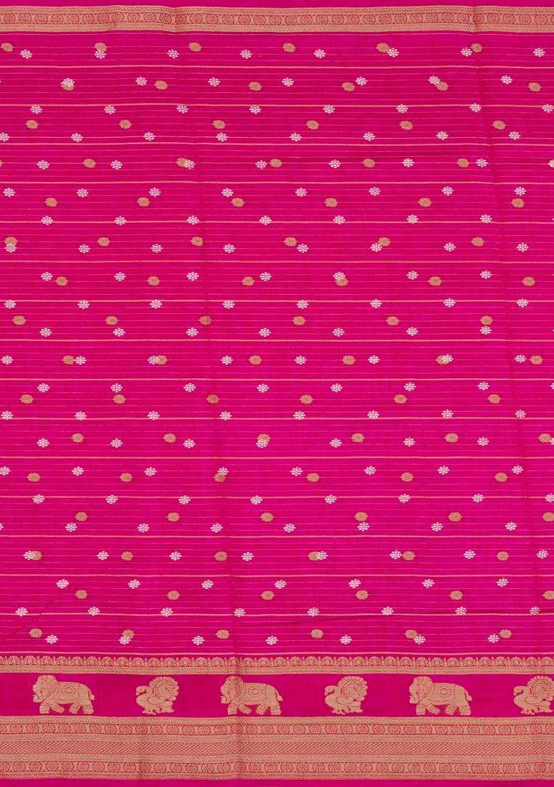 Hot Pink Printed Art Dola Silk Saree With Stripes Printed Pallu For Women - Indya