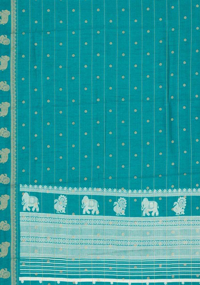 Turquoise Printed Art Dola Silk Saree With Stripes Printed Pallu For Women - Indya