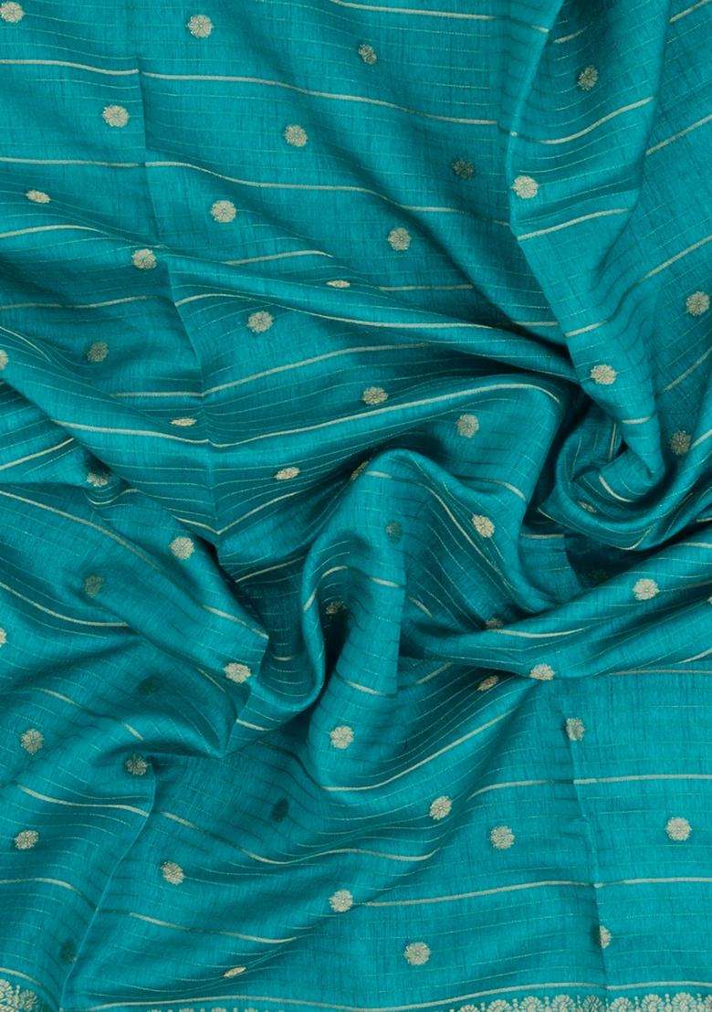 Turquoise Printed Art Dola Silk Saree With Stripes Printed Pallu For Women - Indya
