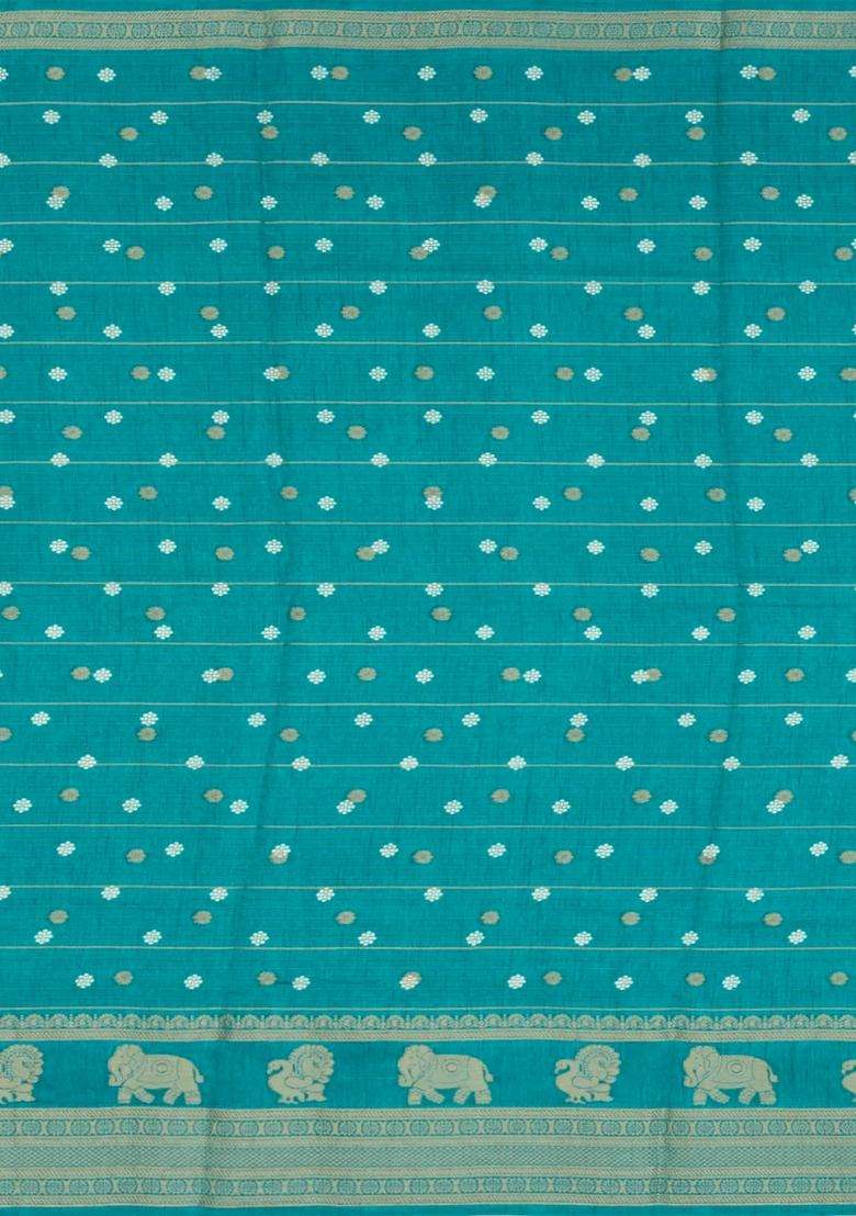 Turquoise Printed Art Dola Silk Saree With Stripes Printed Pallu For Women - Indya
