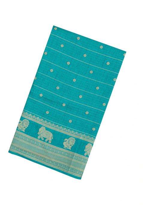 Turquoise Printed Art Dola Silk Saree With Stripes Printed Pallu For Women