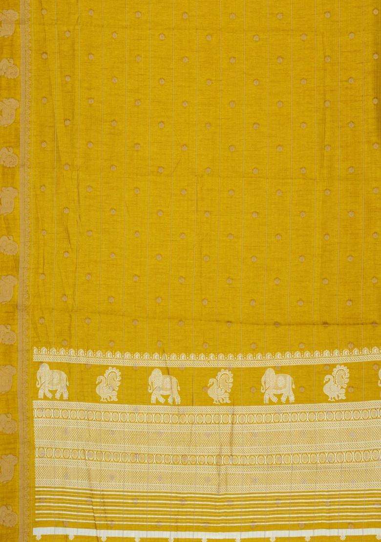 Mustard Printed Art Dola Silk Saree With Stripes Printed Pallu For Women - Indya