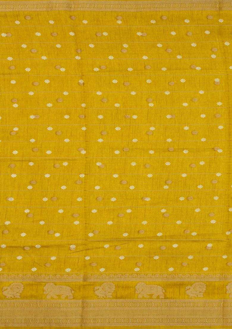 Mustard Printed Art Dola Silk Saree With Stripes Printed Pallu For Women - Indya