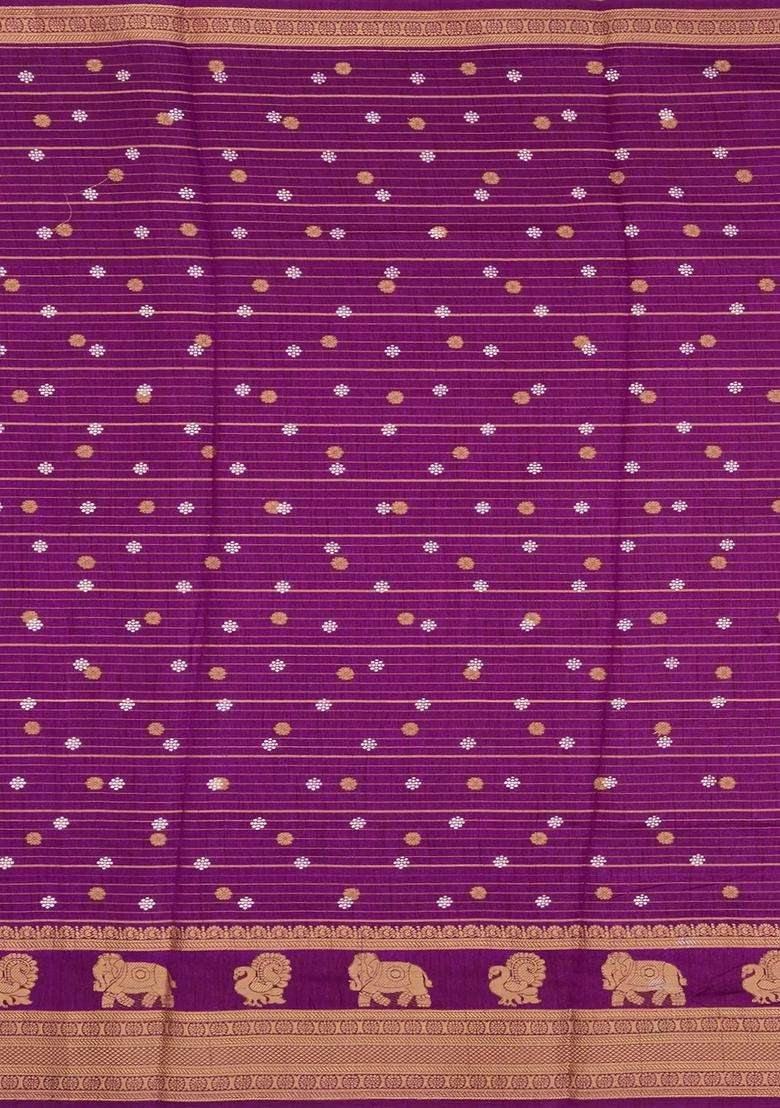 Magenta Printed Art Dola Silk Saree With Stripes Printed Pallu For Women - Indya