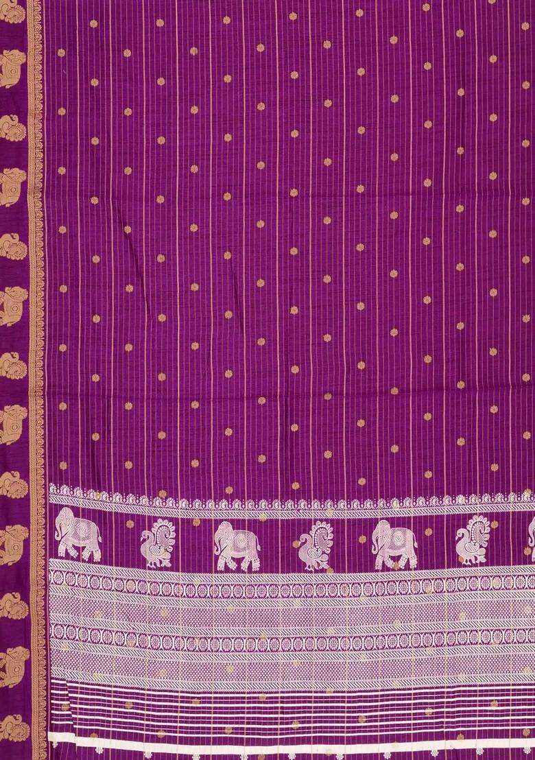 Magenta Printed Art Dola Silk Saree With Stripes Printed Pallu For Women - Indya